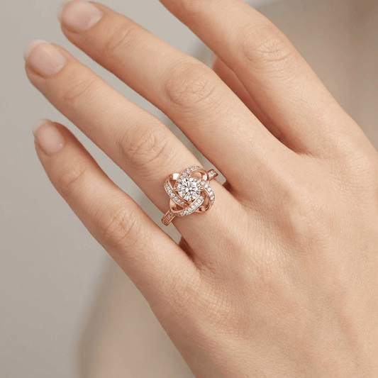 ROSE GOLD ZIRCONIA TWISTED KNOT RING - (ADJUSTABLE)