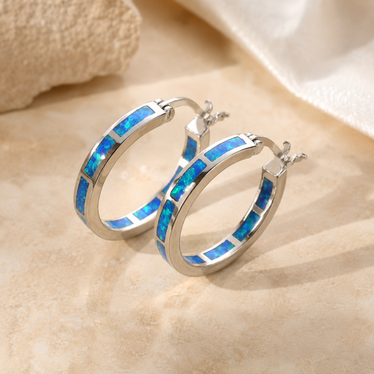 Chic Earrings in Circle with Blue Fire Opal