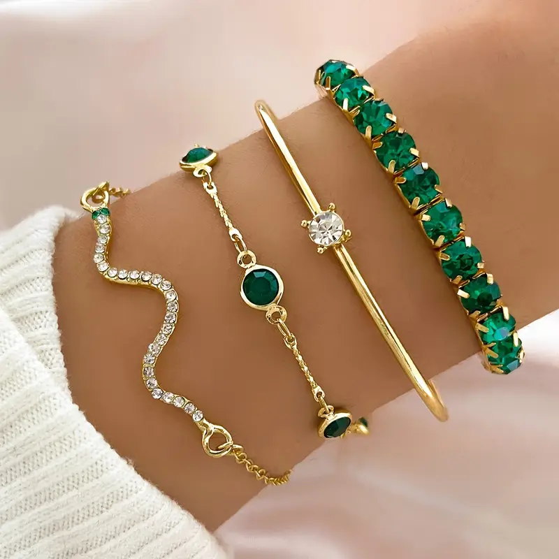 Vintage bracelet set with green zirconia